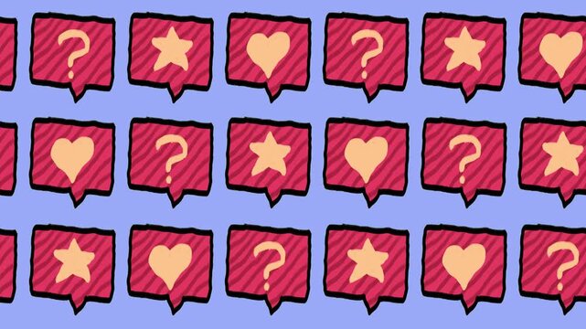Seamless pattern of hand-drawn red speech bubbles with heart, star, and question mark symbols for social media engagement background animation and customer feedback backdrop design.