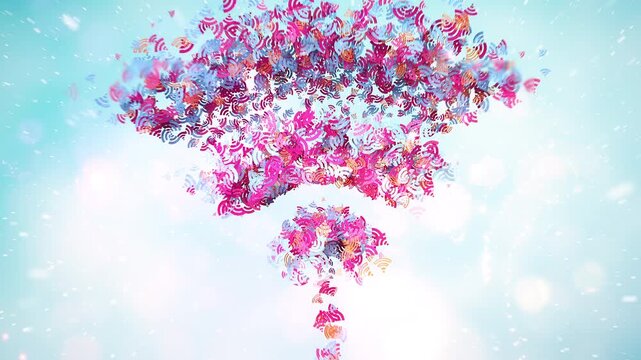 3D Wireless Wifi Symbol Formed by Small Floating Signal Particles Background Motion Graphic.