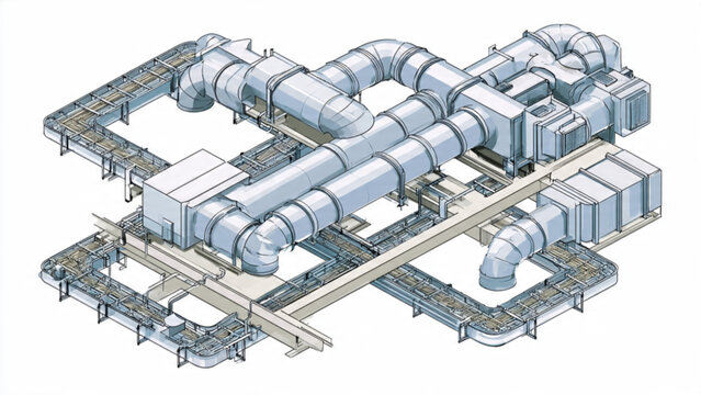 Industrial HVAC system with interconnected ductwork and ventilation units in clean design for climate control large industrial setting