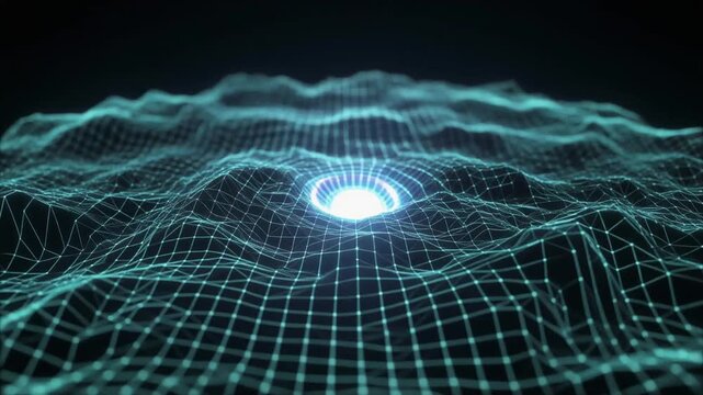Abstract digital landscape with glowing center and grid pattern