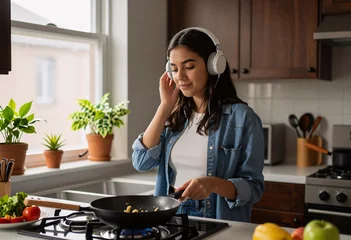 Young Latina College Student Listening to Podcast While Cooking © Outsiderzone