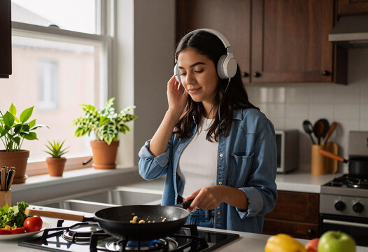 Young Latina College Student Listening to Podcast While Cooking