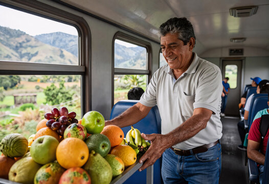Mature Man Selling Fresh Fruits on Train in Mountainous Area