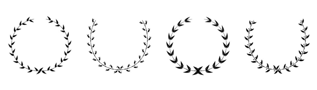 Ornate black laurel wreath award icons set isolated on transparent background. Certificate frame for champion trophy, achievement success sign, heraldry nobility emblem asset layout Vector.