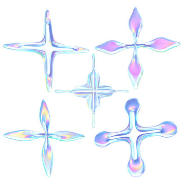 Abstract iridescent floral and crystal shapes in pastel colors