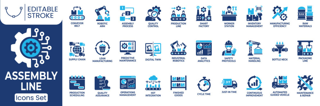 Assembly line icon set. Containing conveyor belt, robotic arm, quality control, industrial robotics, production scheduling and more. Solid vector icons collection