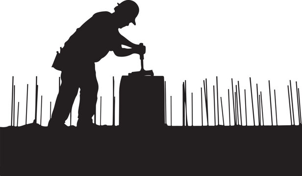 Silhouette of a man chiseling a stone block, standing
