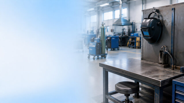 Empty empty welding station with hanging helmet in bright workshop, welder shortage and skilled trade gap and recruitment concept banner with copy space