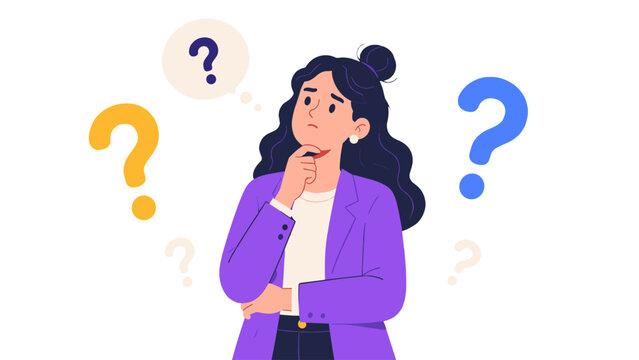 Thoughtful woman surrounded by question marks illustration