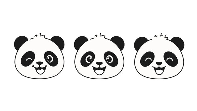 Cute cartoon panda head faces in black and white vector set