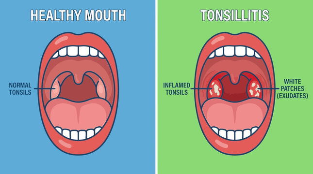 Comparison of healthy mouth and tonsillitis medical diagram