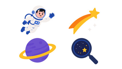 Cartoon astronaut with planet, shooting star and magnifier icons © Artstock