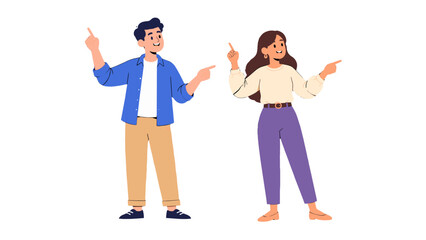 Fototapeta premium Man and woman pointing up and sideways in flat vector style