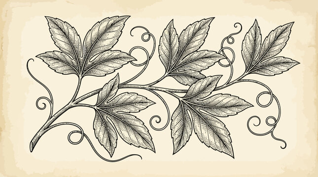 Vintage Botanical Vine and Leaf Engraving Illustration