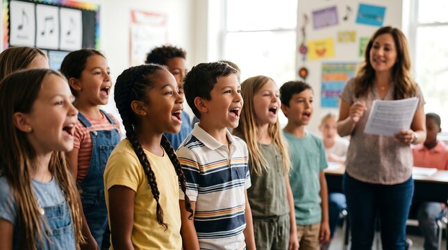 Diverse elementary school children happily sing in a choir during a music class with their smiling female teacher holding sheet music.
