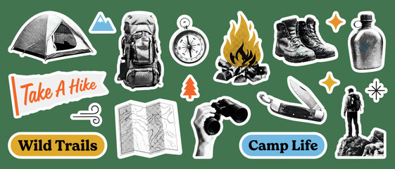  Take A Hike. Scrapbook style set of 16 camping stickers with halftone tent, backpack, and campfire isolated for outdoor posters and travel journals. © Ahmed