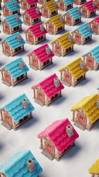 Multicolored Stylized Village Houses 3D Animation with Smoke Effect