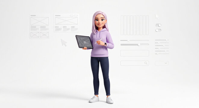 3D UI/UX Designer Character Illustration - Premium Stylized Female Web Designer with Tablet