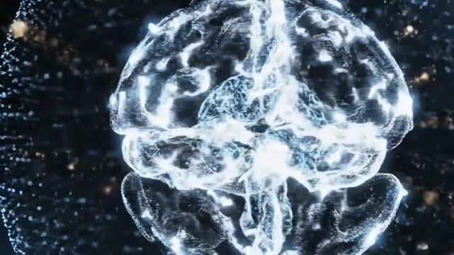 Digital Particles Merging into Glowing Sphere, AI Network Formation Animation, Futuristic Technology Assembly, Sci-Fi Data Visualization Background