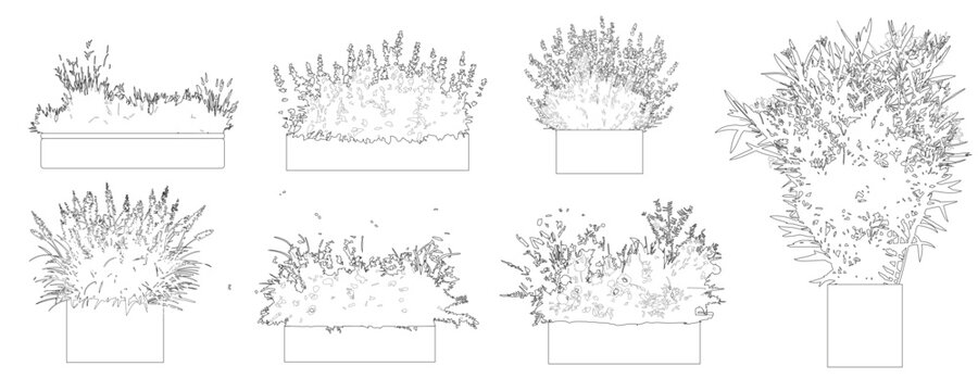 Vector set of flower boxes in elevation view for use in architectural drawing - isolated on transparent background 