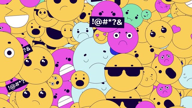 Rising social media emojis upward transition effect video overlay. Digital emotions and reactions. Animated flat cartoon wipe upward on transparent background. Content reveal. Smooth motion graphic