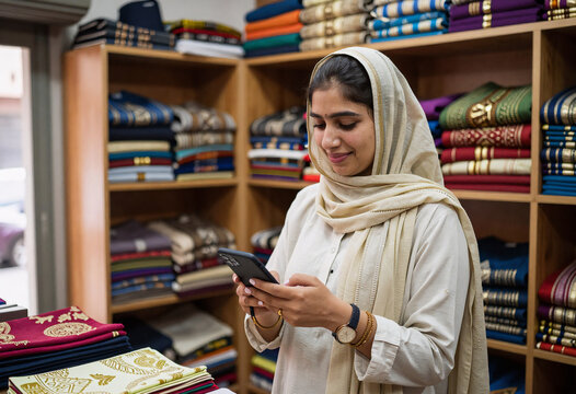 Pastun Woman Pays with Phone in Traditional Lahore Clothing Store