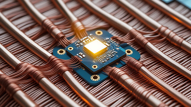 Close up of powerful microchip core on a blue circuit board connected with parallel copper wires