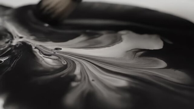 A close-up shot of a paintbrush making a bold black stroke on a white surface.