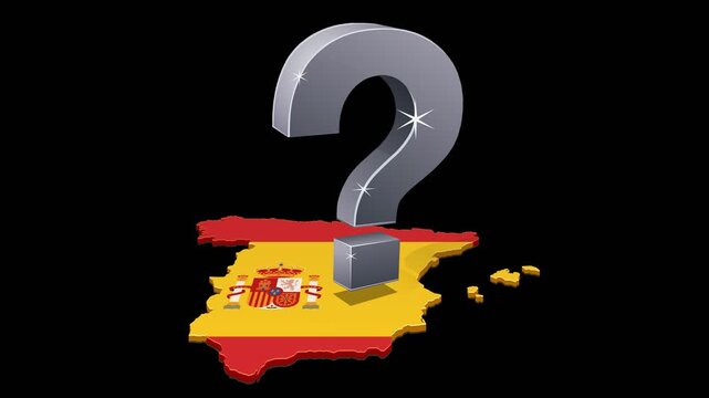 Large metallic question mark spinning over the Spain map with flag. Crisis and political uncertainty concept. Chroma key green screen with alpha channel. (loopable)