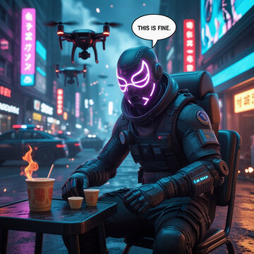 Cyberpunk character sitting in a chaotic futuristic city street while eating ramen, humorously unbothered concept, neon city in ruins background