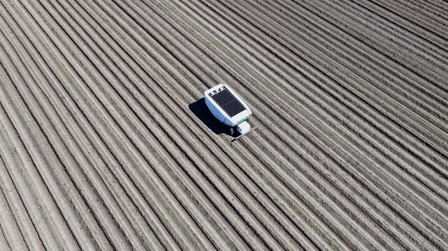 Laser weed robot in action on arable land in Dutch landscape