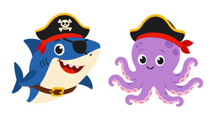 Cute pirate shark and octopus cartoon characters set © Artstock