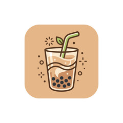 Boba tea icon with tapioca pearls and mint leaf. © Budi