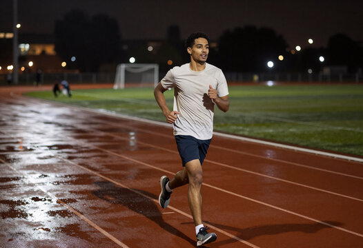 Athlete Running on Wet Track with City Lights