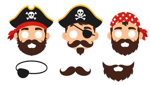 Cartoon pirate face mask set with hats, beard, and eye patch