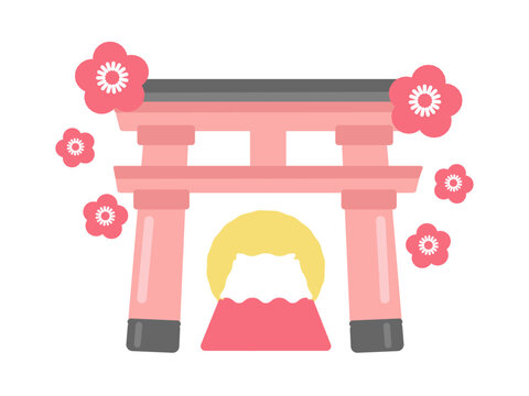 鳥居　富士山　日の出　梅の花　イラスト