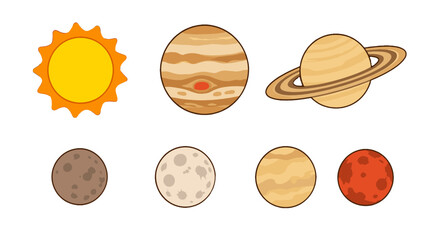 Cartoon sun and planets set with moon isolated on white © Artstock