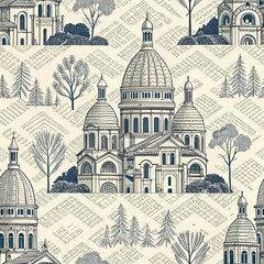 Obraz premium Vintage landscape pattern with majestic cathedral and forest trees for classic interior wallpaper design