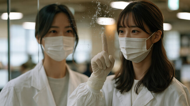 Scatter plot correlation data etched on frosted glass office partition in Seoul research institute, Korean epidemiologist tracing infectious disease outbreak clusters with gloved