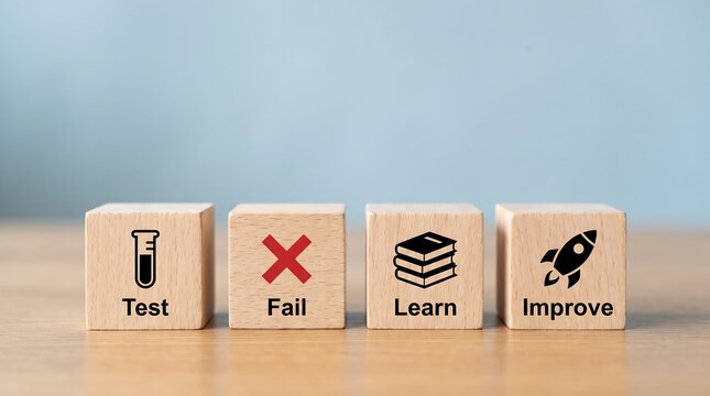 Wooden blocks illustrating the iterative process of test, fail, learn, and improve, representing continuous growth and development strategy.