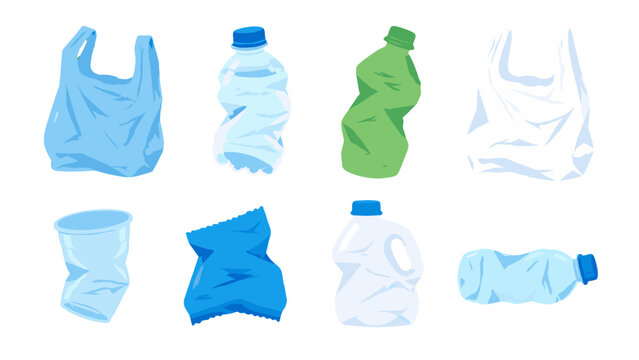 Plastic waste items and crushed bottles isolated set