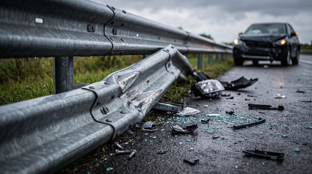 Damaged metal guardrail on the side of a road after a severe car traffic accident