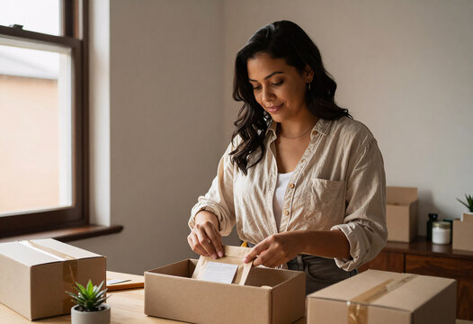 Entrepreneur woman packaging handmade products at home