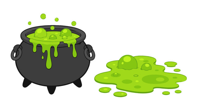 Black cauldron with bubbling green toxic liquid and slime spill