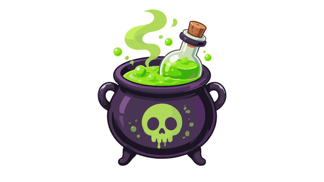 Cartoon witch cauldron with green potion and bottle