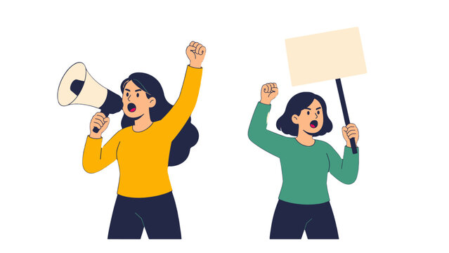 Women protesting with megaphone and blank protest sign