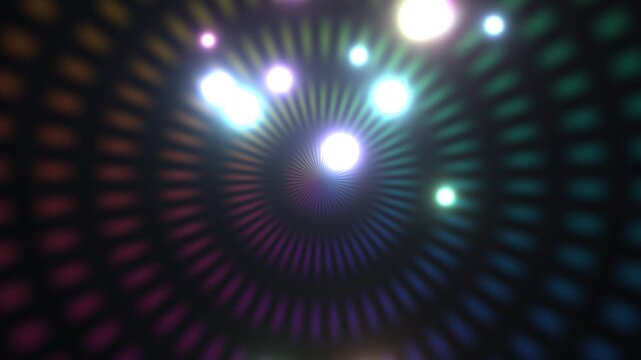 Colorful light spiral with glowing orbs in dark background