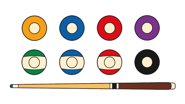 Colorful billiard balls and cue stick vector icon set