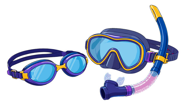 Swimming goggles and snorkel diving mask vector set