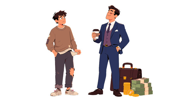Vector illustration of poor and wealthy men with money contrast